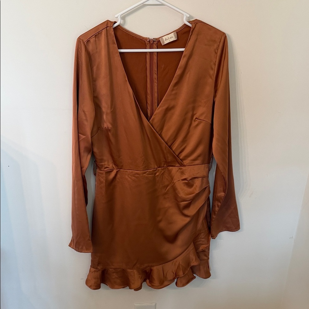 Altar'd State Copper Satin Wrap Long-Sleeve Dress size L